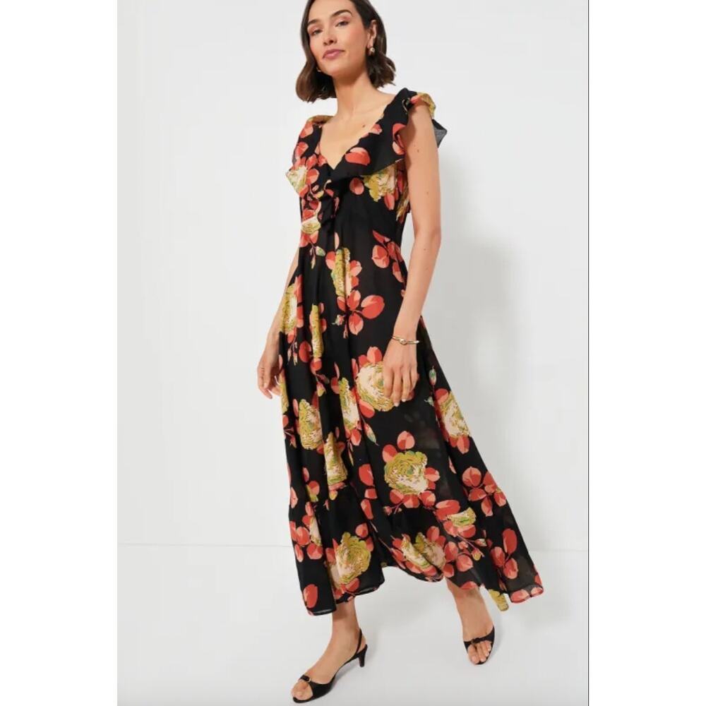 NWT The Great. Cabbage Rose The Bridge Midi Fall Dress Black Orange Size 0 XS